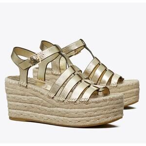 Tory Burch Metallic Wedge Espadrille Fisherman Sandals In Spark Gold